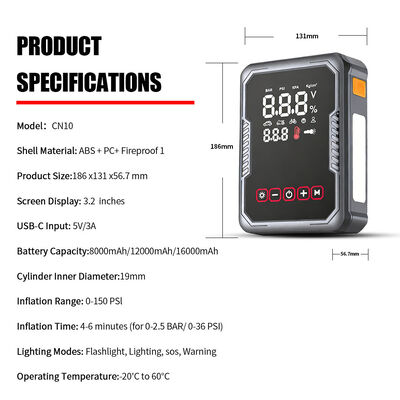 Portable 3 In 1 Jump Starter With Tyre Inflator 12V Car Emergency Starter With SOS Warning Light