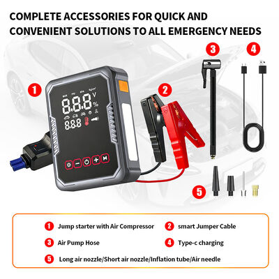 Portable 3 In 1 Jump Starter With Tyre Inflator 12V Car Emergency Starter With SOS Warning Light
