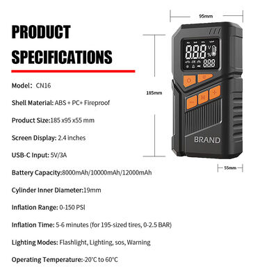 150 PSI Portable Tire Inflators Jump Starter 12000 MAh 12V Car Battery Booster Smart Jumper Cables