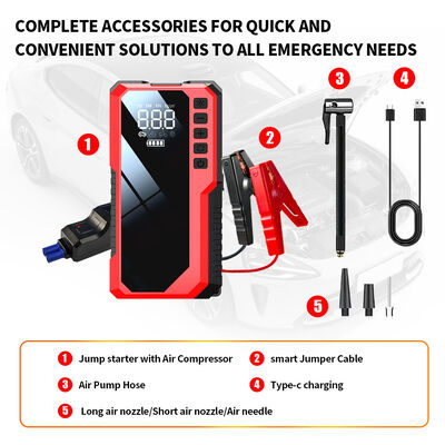 Multi Function Portable Battery Jump Starter 6400mAh 8000mAh 12V Emergency Jump Starter With Air Compressor