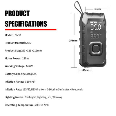 ABS Jump Starter With Tyre Inflator 0-150PSI Portable Battery Jump Starter Air Compressor For Car Tires