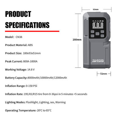 Vehicle 2 In 1 Jump Starter 12V Tire Inflator 141psi Portable Electric Handheld Air Pump Intelligent Air Pump