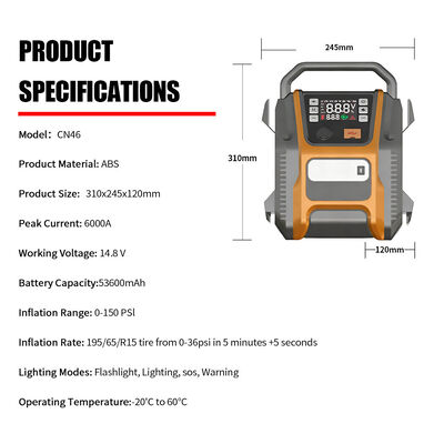 Multi Function Air Pump Tire Inflator 53600mAh Car Jump Starter  Digital 150PSI Electric Tire Pump