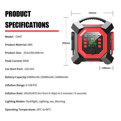 Digital Car Battery Booster Jumper Pack 24000mAh Car Jump Starter Power Bank With Tire Inflator 150PSI