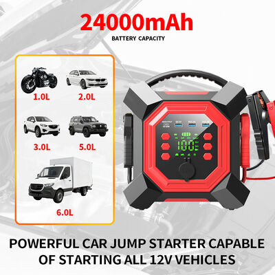 Digital Car Battery Booster Jumper Pack 24000mAh Jump Starter Power Bank With Tire Inflator 150PSI