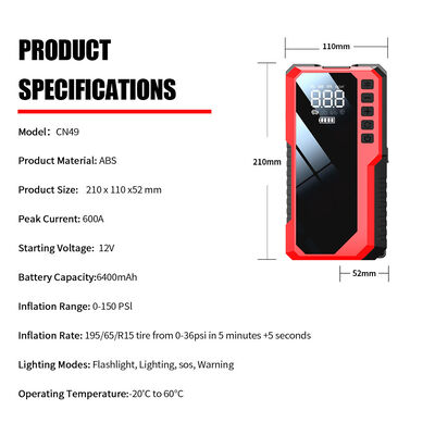 Multi Function Car Jump Starter Pack Portable Emergency Battery Jump Starter 6400mAh 8000mAh 12V With Air Compressor