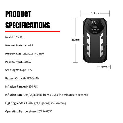 Tire Inflator Outdoor Vehicle Battery Jump Starter 8000mAh 12V  Pack Air Compressor Tire Inflation Car Jump Starter Kit