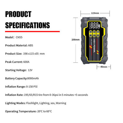 8000mAh Emergency Car Jump Starter 12 Volt With Air Pump Compressor 150PSI Tire Inflator Jump Starter Booster Pack