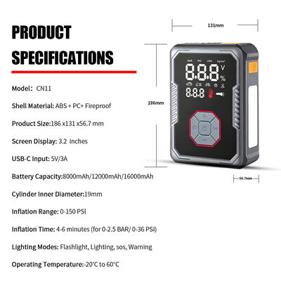 1200A 1800A 2400A Vehicle Battery Jump Starter Pack With Air Compressor 3.2 Inch LED Display