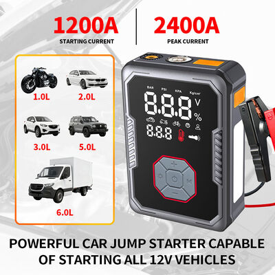 1200A 1800A 2400A Vehicle Battery Jump Starter Pack With Air Compressor 3.2 Inch LED Display