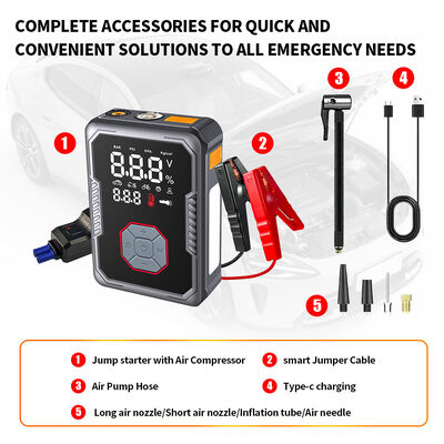 1200A 1800A 2400A Vehicle Battery Jump Starter Pack With Air Compressor 3.2 Inch LED Display