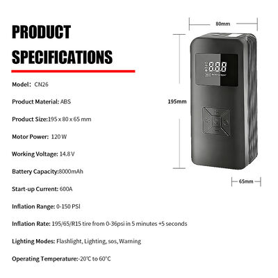 12V Emergency Battery Booster Air Compressor 7200mAh Intelligent Portable Jump Starter Pack