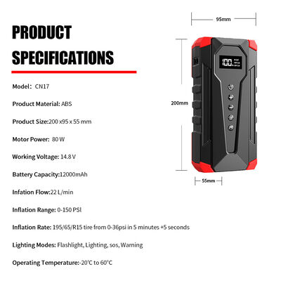 12000mAh Battery Jump Starter With Air Compressor 12 Volt Battery Jump Box Auto Battery Booster Tire Inflator