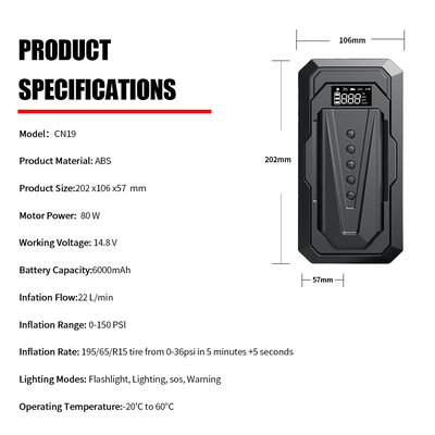 ABS Booster Pack Jump Starter 2 In 1 6000MAh 12V Digital Portable Tire Inflator 150psi Air Compressor