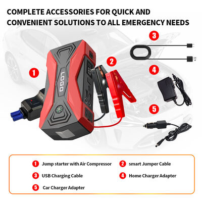 6000mAh 7200mAh 8000mAh Multi Functional Jump Starter Lithium Battery High Power Car Battery Jump Starter Smart Digital Portable Emergency Car Battery Jump Starter with LED Light, Warning Light & SOS