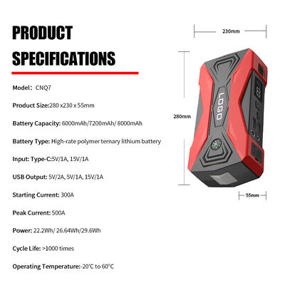 6000mAh 7200mAh 8000mAh Multi Functional Jump Starter Lithium Battery High Power Car Battery Jump Starter Smart Digital Portable Emergency Car Battery Jump Starter with LED Light, Warning Light & SOS