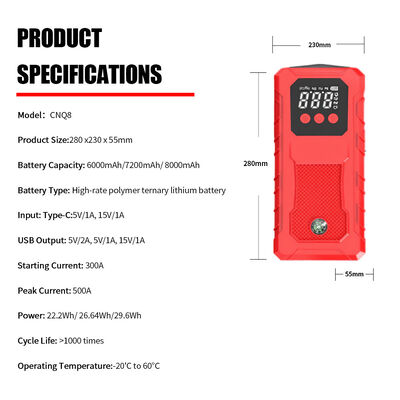 300A - 500A Automobile Battery Jump Starter 6000mAh Car Emergency Start Power Supply MultifunctionEmergency Car Jump Starter with Smart Digital Features, LED Light, Warning Light & SOS
