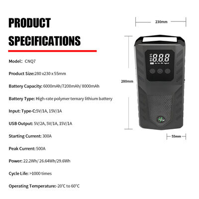 Portable Emergency Car Battery Jump Starterwith Rechargeable Design, LED Light, Warning Light & SOS Diesel Gasoline Automobile Jump Starters 22.2Wh 26.64Wh 29.6Wh Emergency Start Power Supply