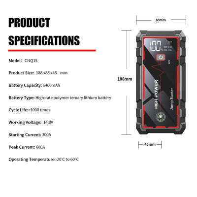 6400mah 12V Portable Car Battery Jump Starter Power Station With LED Display Multi Function Smart DigitalEmergency Car Jump Starter with LED Light, Warning Light, SOS & Portable Rechargeable Design