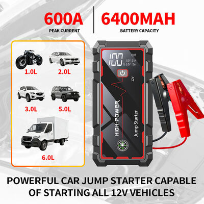 6400mah 12V Portable Car Battery Jump Starter Power Station With LED Display Multi Function Smart DigitalEmergency Car Jump Starter with LED Light, Warning Light, SOS & Portable Rechargeable Design