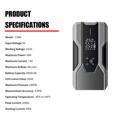 Portable Rechargeable Car Jump Starter with 150PSI Max Tire Inflator 6400mAh Battery and LED Light
