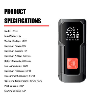 Smart 6000mAh Car Jump Starter with 150 PSI Tire Inflator and LED Flashlight Portable Power Bank