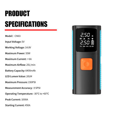 Smart Portable Rechargeable Car Jump Starter with 150PSI Max Tire Inflator and 6400mAh Multifunction Power Bank