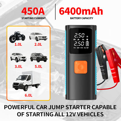 Smart Portable Rechargeable Car Jump Starter with 150PSI Max Tire Inflator and 6400mAh Multifunction Power Bank