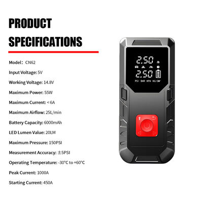 6000mAh Battery Car Jump Starter with 150PSI Tire Inflator and LED Flashlight for Emergency Power Supply