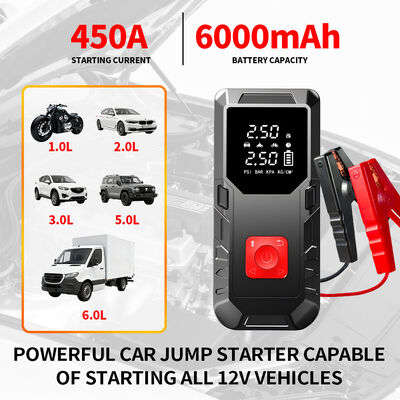 6000mAh Battery Car Jump Starter with 150PSI Tire Inflator and LED Flashlight for Emergency Power Supply