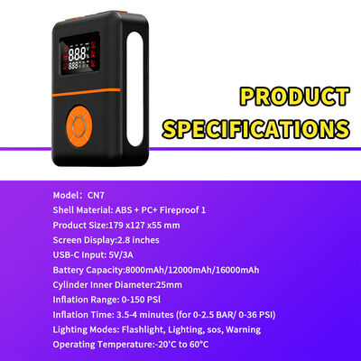 2400A Peak Current Car Jump Starter with 150 PSI Air Compressor and 16000mAh Power Bank for 12V Vehicles