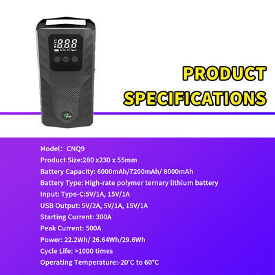 Multi-Function 12V 8000mAh Car Jump Starter with Air Compressor, 500A Peak, Power Bank, Flashlight, Strobe Light & Smart Cables