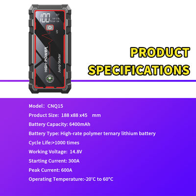 600A Peak 12V Car Jump Starter with 6400mAh Portable Power Bank and Multi-Function Emergency Features