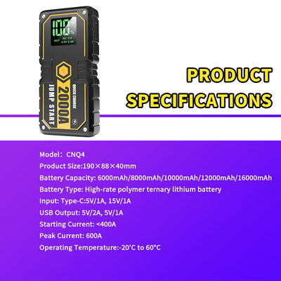 Portable Car Jump Starter with 600A Peak Current, 16,000mAh Power Bank and 7-Layer Protection for Emergency Boosting