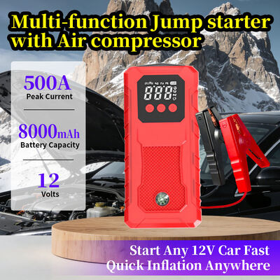 8000mAh Multi Functional Jump Starter with 500A Peak Current and Air Compressor for Emergency Vehicle Starting