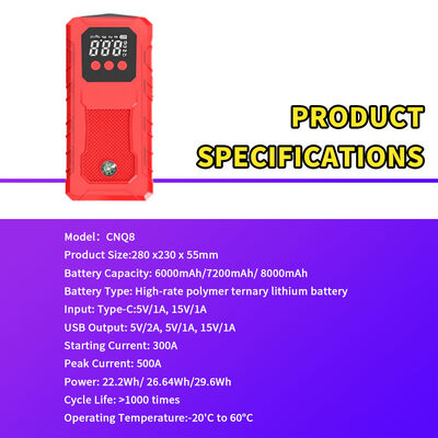 8000mAh Multi Functional Jump Starter with 500A Peak Current and Air Compressor for Emergency Vehicle Starting