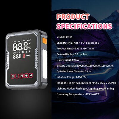 2400A Peak Current Jump Starter with 16000mAh Battery and 150 PSI Air Compressor for Emergency Car Boosting