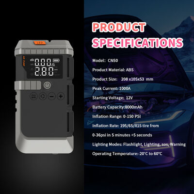 8000mAh 6-in-1 Jump Starter with 150 PSI Air Compressor and Emergency Lights for Car Battery Boosting