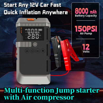 8000mAh 6-in-1 Jump Starter with 150 PSI Air Compressor and Emergency Lights for Car Battery Boosting