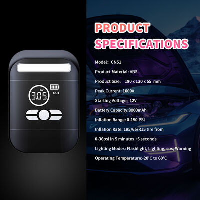 8000mAh 12V Jump Starter with 150 PSI Air Compressor and 1000A Peak Current for Car Battery Boosting