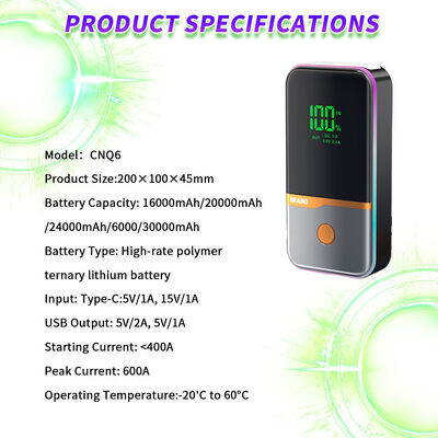 Smart 12V Jump Starter with 600A Peak Current 30000mAh Battery and LED Emergency Light for Vehicles