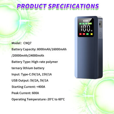 600A Peak Current Car Jump Starter with LED Emergency Light and 8000mAh Battery Capacity