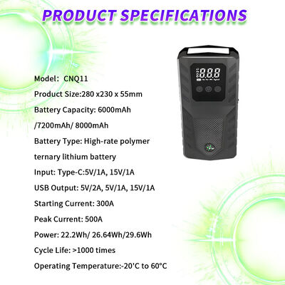 Vehicle Jump Starter Power Bank with Emergency Light, 12V Battery Booster, 500A Peak Output