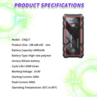 6400mAh 12V Car Emergency Jump Starter with 600A Peak Current for Fast Vehicle Starting