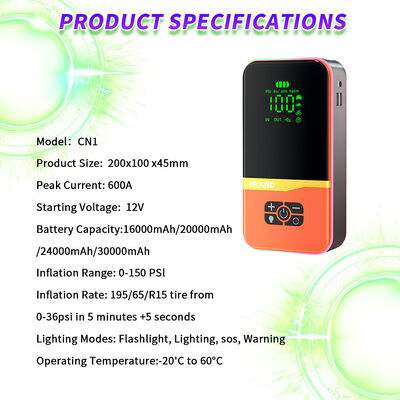 16000mAh Multi-Function Car Jump Starter with 600A Peak Current and 150PSI Air Compressor for Emergency Vehicle Support