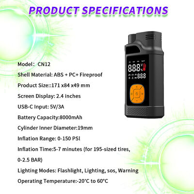 Portable 8000mAh Multi Functional Jump Starter with 150 PSI Air Inflator and 1200A Peak Current