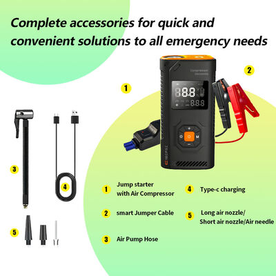 12000mAh Multi Functional Jump Starter with Built-In Tire Pump and LED Flashlight for Emergency Car Starting