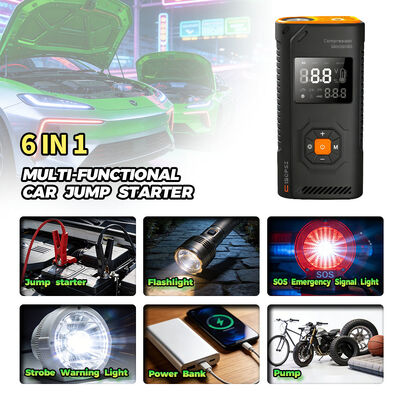 12000mAh Multi Functional Jump Starter with Built-In Tire Pump and LED Flashlight for Emergency Car Starting