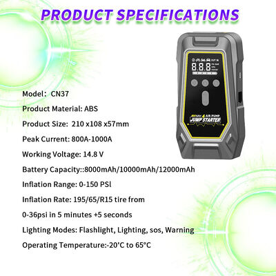 1000A Peak Current Multi-Function Jump Starter with 150PSI Air Compressor and 12000mAh Capacity