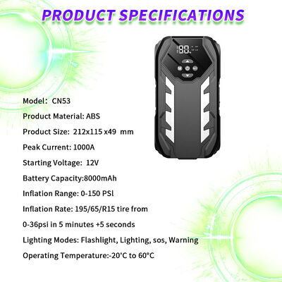 8000mAh Battery Capacity 12V Output Multi Functional Jump Starter with 150PSI Air Compressor for Emergency Vehicle Charging